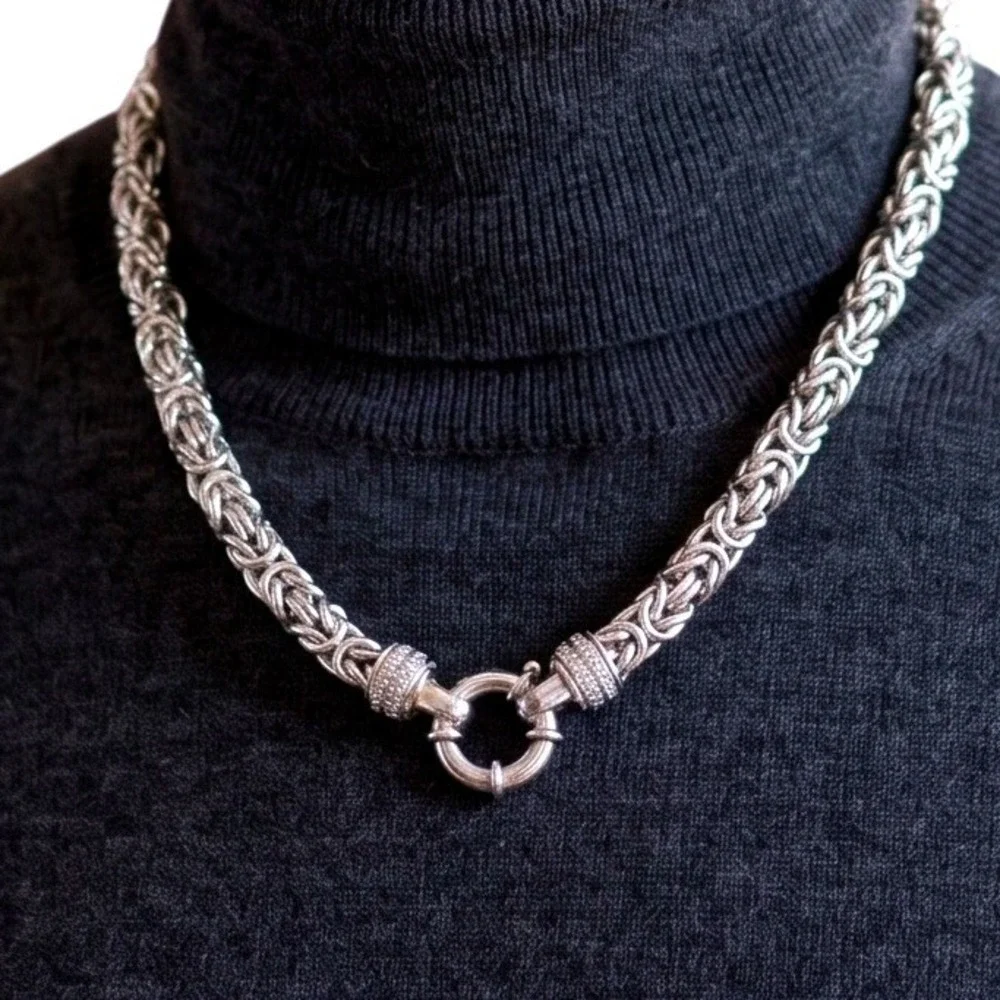 Silver Plated Byzantine Chain Necklace Chunky Rope Link Spring Ring Clasp 16